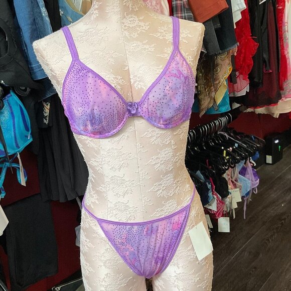 Vintage Polka Dot Glitter Underwire Lingerie Set Adjustable Strap Sz B36 Purple - Picture 1 of 4